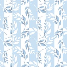 a blue and white striped background with leaves