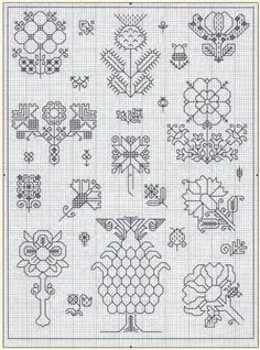 the cross stitch pattern is shown in black and white, with different designs on it