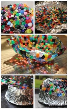 several pictures of different colored beads in a bowl and on top of tin foil,