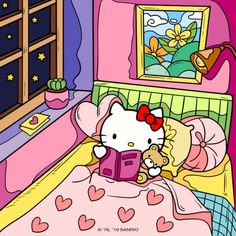 hello kitty is reading a book in her bed