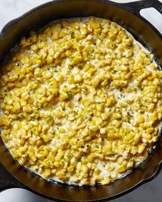 a skillet filled with macaroni and cheese