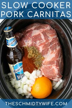 the crock pot contains meat, onions, and beer