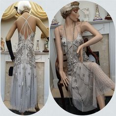 Full of grace and refinement this 1920's Great Gatsby style flapper dress, crafted with an array of quality materials, heavily embellished with silver glass beads and sequins on a light grey mesh, combined to create an unique Art Deco, amazing pattern. A sumptuous creation for a sophisticate mysterious women, this dress has a V neckline and a deep shape on the back beautifully detailed, a luxurious blend of textures and shades together, creating light and dept, exudes timeless romance and beauty 1920s Bridesmaid Dresses, 1920 Gatsby, Bead Dress, Great Gatsby Style, Great Gatsby Fashion, Dress Art, Gatsby Style, 1920s Flapper, Silver Glass