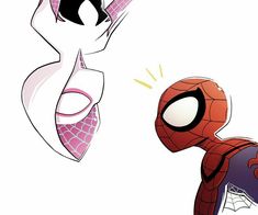 a spider - man and a woman with their arms in the air, both looking at each other