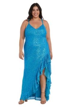 This dress fans away the beauty so attractive | Morgan & Co Long V Front W Ruffle, Turquoise, 14W High Low Prom Dress, Plus Size Sequin, Morgan Dress, High Low Gown, Long Formal Gowns, Plus Size Prom, Prom Long, Plus Size Party Dresses, Long Evening Gowns