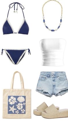 a white top, blue shorts and sandals are featured in this fashion guide for women