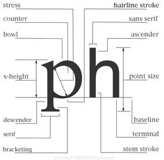 the letter ph is shown in black and white, with its corresponding parts labeled