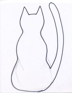 a drawing of a cat sitting on top of a white sheet with the outline drawn