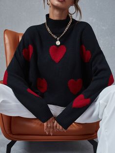 Black Casual Collar Long Sleeve Acrylic Heart Pullovers Embellished Slight Stretch Spring/Fall Women Knitwear Shein Sweater, Coachella Dress, Pullover Outfit, Heart Sweater, Design Clothes, Drop Shoulder Sweaters, Heart Pattern, Mock Neck Sweater, Heart Patterns