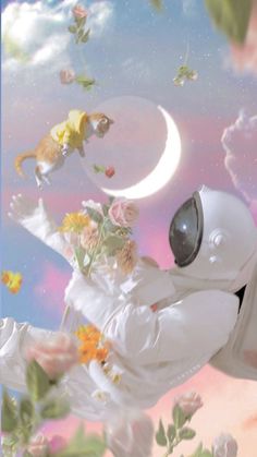 an astronaut floating in the sky with flowers