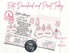 a pink unicorn themed birthday party flyer with the text eat, drink and puri today