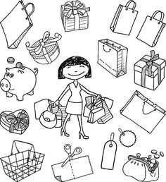 black and white hand drawn doodle style illustration of woman with shopping bags, gift boxes, pig