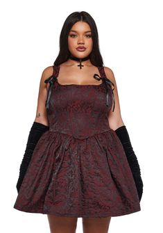 This mini dress has a brocade construction, satin tie shoulders, structured boning, a back lace-up design, and a side zip closure. Punk Pants, Dark In Love, Victorian Goth, Pride Outfit, Halloween Sale, Trendy Clothes For Women, Red Mini Dress, Dress Red, Dolls Kill