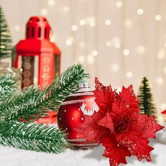 a red ornament sitting on top of snow covered ground next to christmas trees