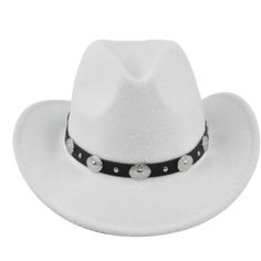 White Western Cowboy, Cowgirl Hat, Black & Silver Strap, Men Women, Wide Brim White Fedora Hat For Rodeo, White Western Felt Hat For The Beach, White Felt Hat With Flat Brim For Country Events, White Flat Brim Felt Hat For Country Events, Classic White Hat Bands For Winter, White Fitted Fedora Hat, Western White Cap Hat, White Short Brim Felt Hat For Country Events, White Brimmed Hats For Country Events