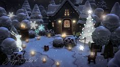 an animated christmas scene with lit up trees and lights in the snow, surrounded by candles