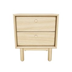 a wooden nightstand with two drawers on one side and an open drawer on the other