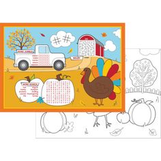 a thanksgiving card with an image of a turkey, pumpkins and a truck in the background