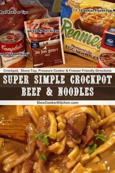 the recipe for crockpot beef and noodles is shown