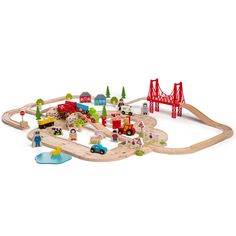 a wooden toy train set with cars and trucks on the tracks next to a bridge