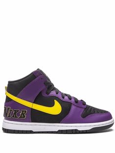 black/purple/varsity yellow leather panelled design signature Swoosh logo detail raised logo detail round toe front lace-up fastening ankle-length rubber sole Release date: May 28, 2021 These styles are supplied by a premium sneaker marketplace. Stocking only the most sought-after footwear, they source and curate some of the most hard to find sneakers from around the world. Lakers Team, Nike T, Nike Dunk High, High Sneakers, Dunk High, Swoosh Logo, Yellow Leather, Nike Dunk, Nike Dunks