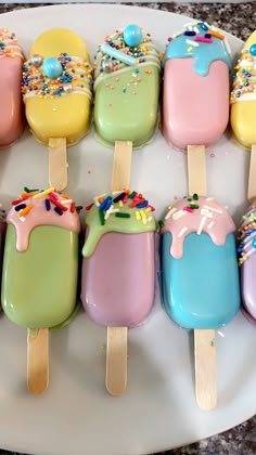 "These are \"MINI\" therefore they are NOT very large!  These delectable \"MINI\" Pastel Cakesicle cakepops are sold by the dozen.  You will get 12 pastel Cakesicles as pictured mix of ice cream drip & sprinkle individually wrapped cakepops tied with a ribbon.  If you have a specific color dip or if you'd prefer a certain style i.e.  All drip on top or only sprinkles as pictured please let me know :)  otherwise it will be a variety.  CHECK OUT my Pastel Ice Cream Cone cakepops & Pastel Gum ball Cake Pop For Birthday, Ice Cream Treats For Party, Ice Cream Cakesicles, Pastel Color Desserts, Ice Cream Party Treats, Cakepop Design Ideas, Delicious Desserts Pictures, Two Sweet Party 2nd Birthday Cake Pops, Popsicle Theme Cake