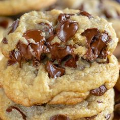 chocolate chip cookies stacked on top of each other