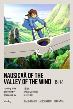 the poster for nausicaa of the valley of the wind, featuring an airplane flying