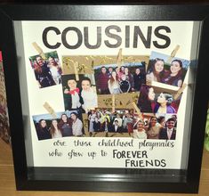 a collage of photos with the words couisins on them and pictures pinned to clothes pins