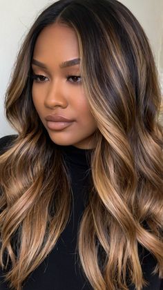 How to Style Deep Plum Waves This Fall? 🍁 Brown Hair With Brown Balayage, Spring Hair Ideas For Brunettes, Best Highlights For Dark Brown Hair, Extensions Before And After, Caramel And Blonde Highlights, Brown And Blonde Balayage, Blonde Highlight Ideas, Hair Colors For Dark Skin, Espresso Hair