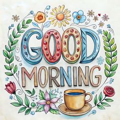 the words good morning are surrounded by flowers and coffee cup on a white background with floral accents