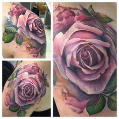 three different views of a pink rose tattoo