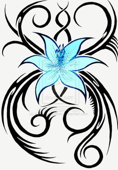 a blue flower with black swirls on the side and an artistic design in the middle