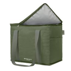 an open green bag with two handles