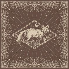 a fox on a brown background with an ornate border around it and stars in the sky