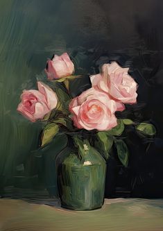 a painting of some pink roses in a green vase on a table with dark background