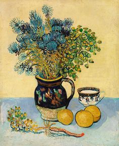 a painting of flowers in a vase next to two oranges and a bowl on a table