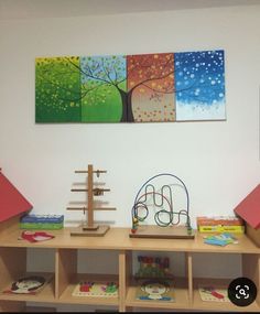 the children's room is decorated with colorful paintings and bookshelves for display