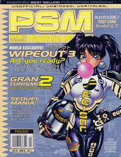 the cover to psm magazine featuring a woman in black and yellow outfit with bubble gum