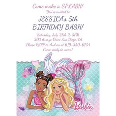 a birthday party with two mermaids on the front and back of it, one is pink