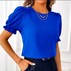 New Without Tags, Royal Blue Trendy Solid Blue Blouse, Elegant Blue Solid Color Tops, Stretch Blue Solid Color Blouse, Chic Blue Solid Color Blouse, Chic Solid Blue Blouse, Blue Short Sleeve Puff Top For Work, Blue Stretch Tops For Office, Blue Short Sleeve Tops For Office, Stretch Blue Office Blouse