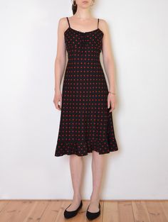 90's polka dot dress, tie up strappy dress with frill, black and red dot print, retro French chic dress medium large Fitted Polka Dot Dress With Spaghetti Straps, Fitted Polka Dot Midi Sundress, Summer Polka Dot Fitted Midi Dress, Summer Fitted Polka Dot Midi Dress, Fitted Polka Dot Midi Dress For Summer, Vintage Black Spaghetti Strap Dress, Vintage Fitted Dress With Tie Straps, Fitted Polka Dot Midi Dress For Date Night, Black Midi Dress With Tie Straps