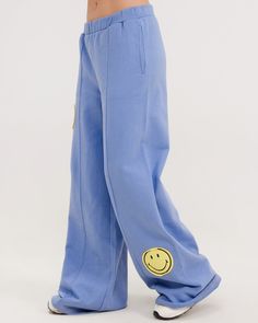 Smiley® Straight Leg Pants, Blue – Samii Ryan Blue Relaxed Fit Sweatpants For Fall, Comfortable Blue Sweatpants For Streetwear, Comfortable Blue Streetwear Sweatpants, Trendy Blue Sweatpants For Leisure, Blue Bottoms For Leisure In Fall, Blue Sweatpants For Streetwear In Fall, Blue Sweatpants For Fall Streetwear, Blue Fall Streetwear Sweatpants, Trendy Blue Leisure Pants