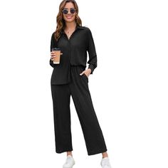 Women's 2 Piece Casual Pleated Outfits Short Sleeve Button Down Shirt High Waist Wide Leg Trouser Sets Suit Package:1 x Long Sleeve Button Down Shirt+ 1 x High Waisted Loose Wide Leg Pants Neckline: V Neck Soft, Breathable, Comfy Fabric Simple Solid Color Striking Functional Contrast Buttons Design Sleeve Length:Long sleeve Season: Summer,Spring,Fall,Winter All Matching:Button down blouse jumpsuit outfit,short sleeve blouse top and pant tracksuit outfit,loose button down shirt and palazzo pant s Casual Fall Sets With Collared Shape, Solid Button-up Pants For Workwear, Button-up Workwear Sets With Pockets, Solid Button-up Pants With Pockets, Casual Long Sleeve Sets For Work, Relaxed Fit Button-up Sets With Buttons, Casual Workwear Sets With Button Closure, Solid Color Button-up Sets With Pockets, Casual Collared Sets With Buttons