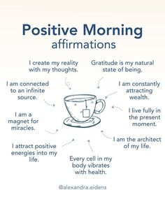 a coffee cup with the words positive morning affirmations on it and an image of