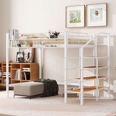 a white loft bed sitting next to a book shelf