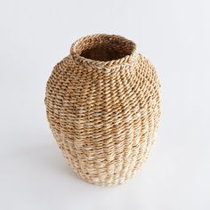 a wicker vase is shown on a white background