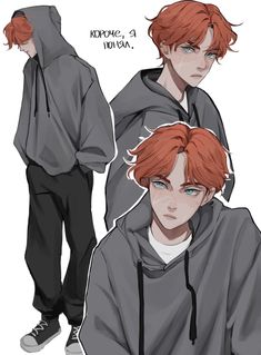 an anime character with red hair and blue eyes wearing a gray hoodie, standing next to another person