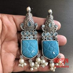 Disha Handcarved Stone Earrings/Gold plated Earrings with stones Blue Oxidized Finish Earrings, Blue Oxidized Dangle Jewelry, Traditional Turquoise Metal Earrings, Traditional Carved Blue Jewelry, Traditional Turquoise Gemstone Earrings, Stone Earrings Gold, Earrings With Stones, Oxidized Silver Earrings, Green Earrings