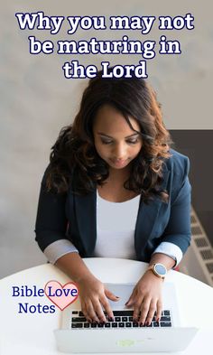 a woman typing on a laptop with the words bible love notes below her and above her